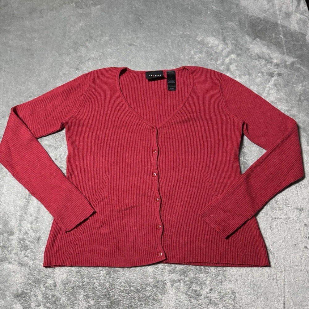 VTG‎ Axcess Liz Claiborne Red Ribbedd Knit Cardigan-Size M 90s Office Chic Y2K